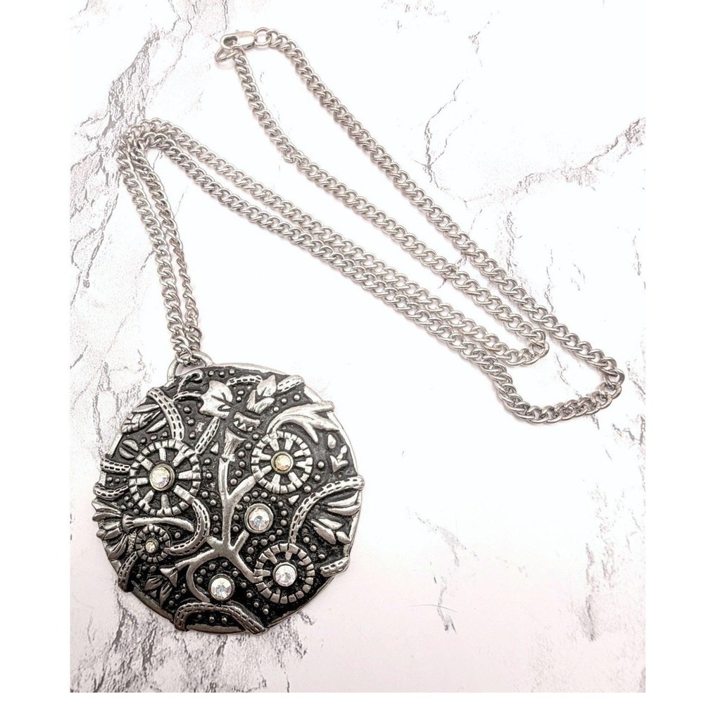 Ornate Silver Tone Medallion Necklace AB Rhinestones 26 Inch Statement Pendant